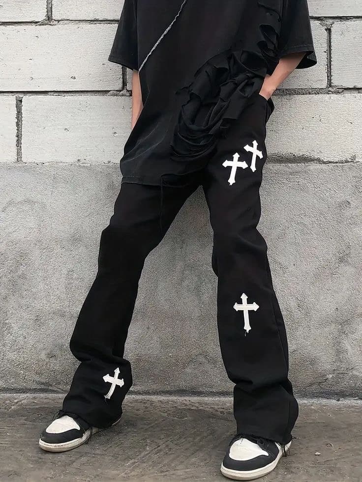 Cross Pattern Solid Color Denim Pants - Image 3