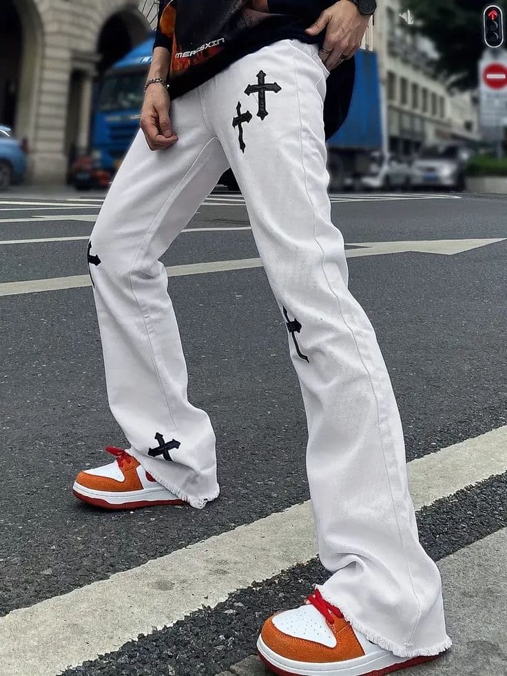 Cross Pattern Flared Trousers Jeans - Image 3