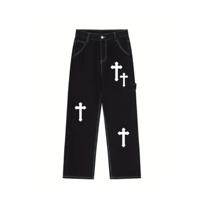Cross Pattern Solid Color Denim Pants